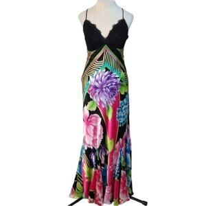 Y2K Cache cruise Tulip Maxi Dress size 4 Floral Lined 100% Silk Long multi gown